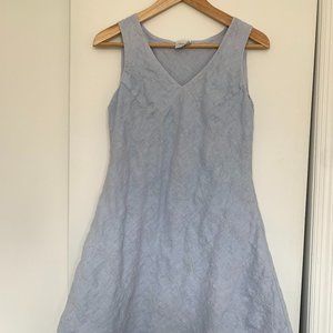 Blue Linen V-Neck Dress with Embroided Flowers